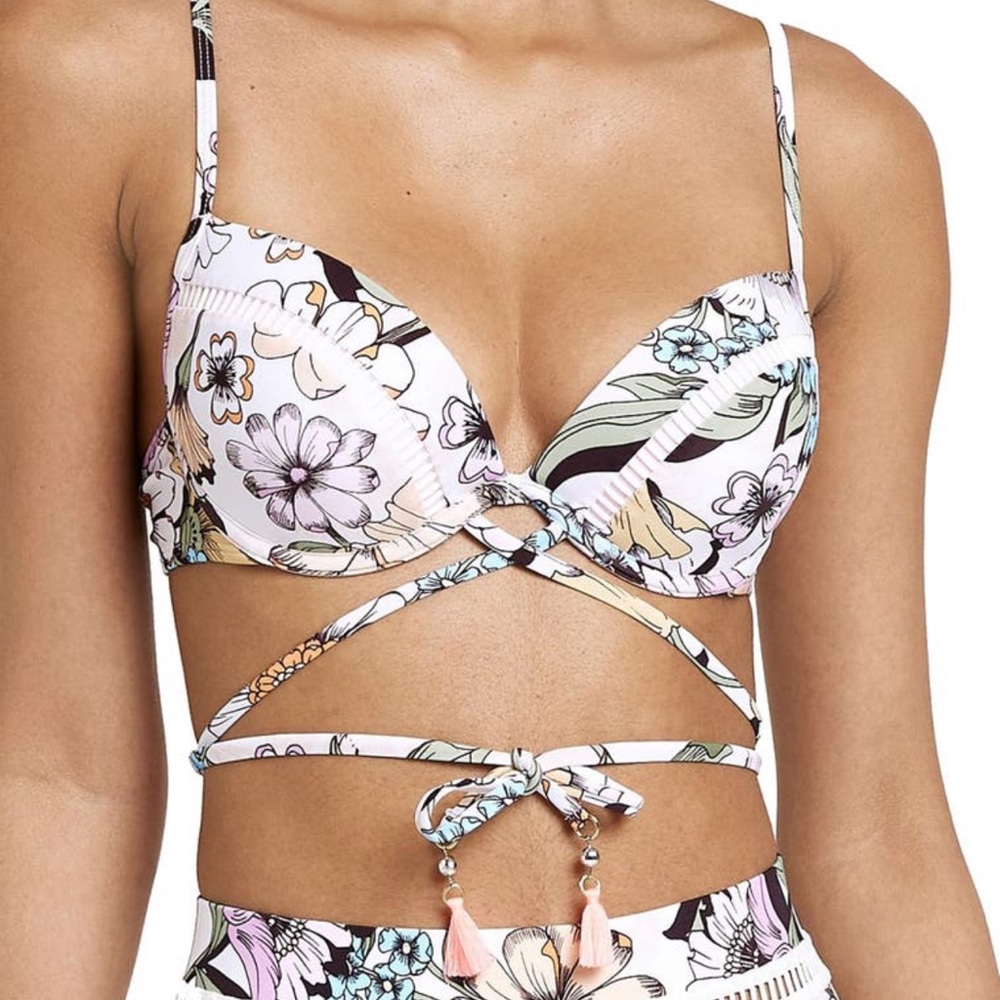 River Island bikini top strappy ladder floral white straps size 6 push up sexy